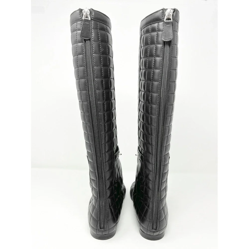 Chanel Black Quilted Leather Knee Boots CC Logo Back Zip 38
